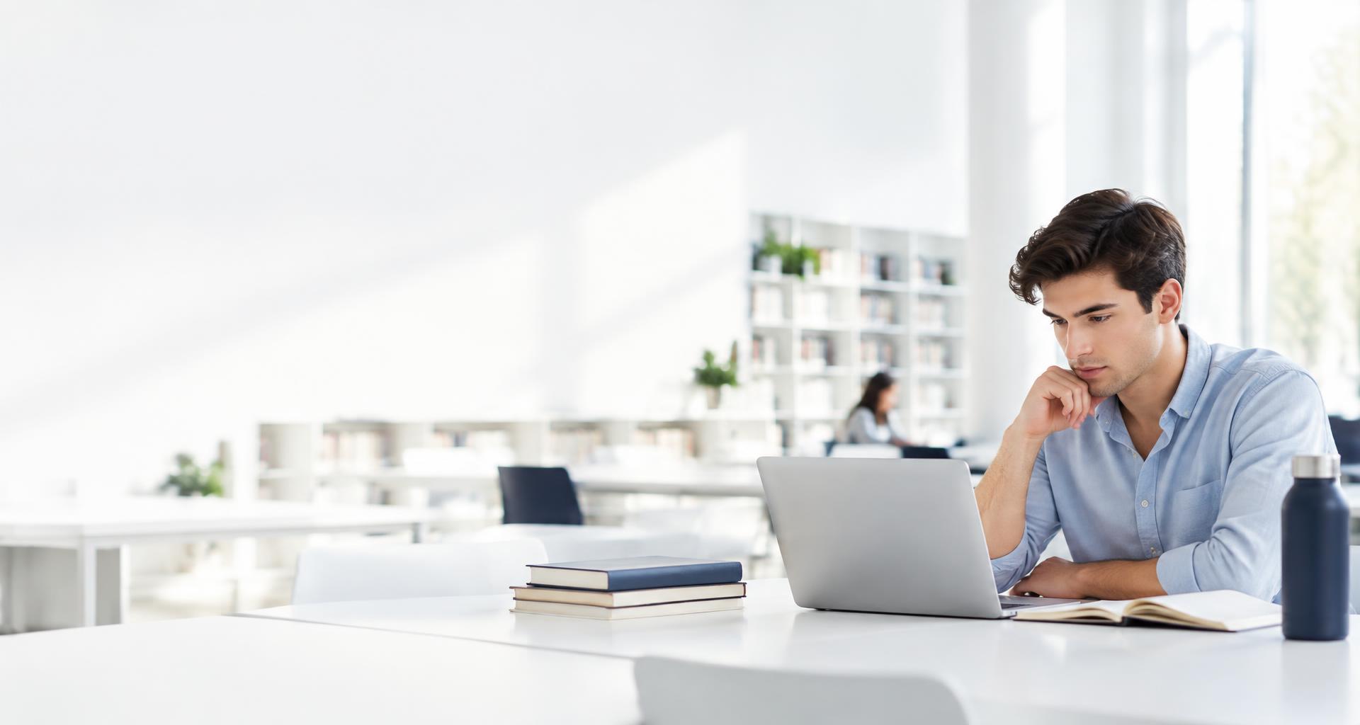 University student at a laptop in a bright study space